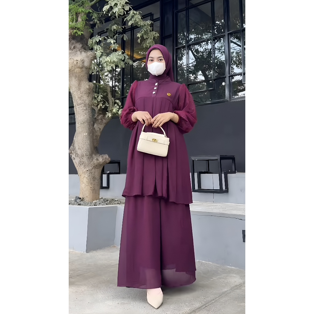 Setelan Wanita Muslim Kalia Set Rok Free Pashmina One set Terbaru Gamis Set bahan Ceruty Babydoll