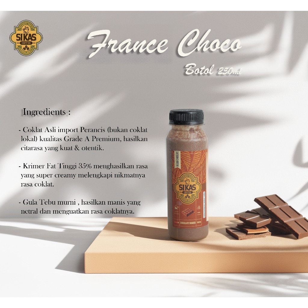 

Sikas Coffee France Choco Botol 250ml Coklat Instan tinggal shaker atau kocok