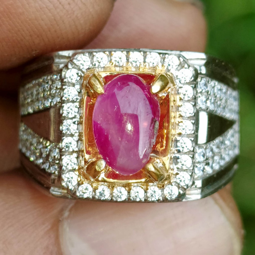 Batu Permata Natural Ruby Star Birma No Heat Merah Putih 1.6 Ct Ring Perak Keren