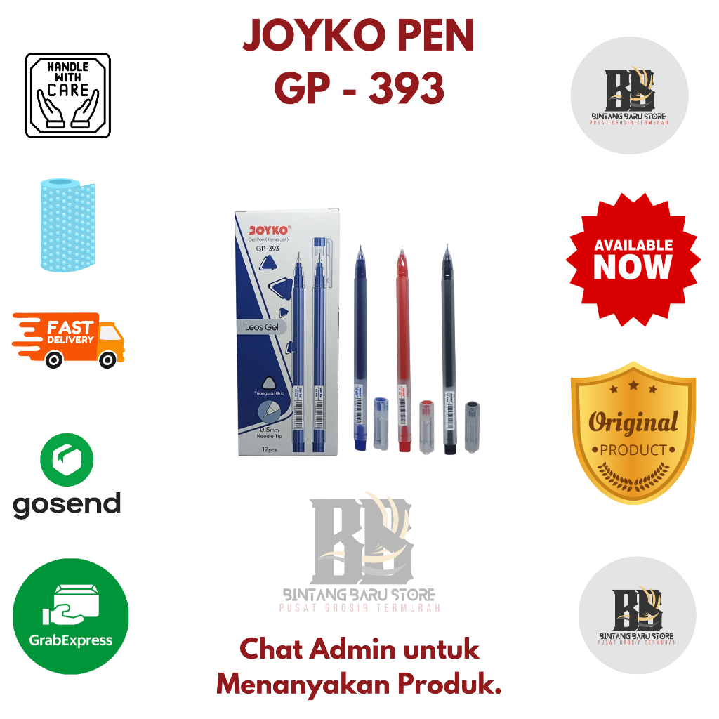 

[HARGA 1 LUSIN] JOYKO - GEL PEN - TRIANGULAR GRIP - GP - 393 - HITAM
