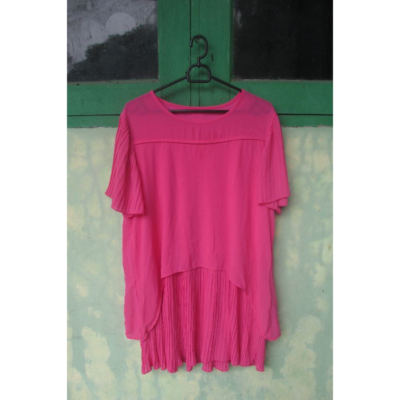 (COD)Atasan blouse dress lengan pendek wanita overisze warna pink fuchia plisklet sifon