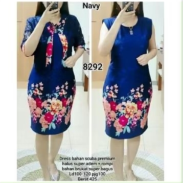 [PRELOVED] - dress set cardigan scuba tebal kombinasi brukat navy wanita motif bunga bunga cardi bru