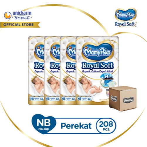 MamyPoko Royal Soft Organic Cotton - NB 52 - Popok Perekat Bayi Baru Lahir - 4 Packs