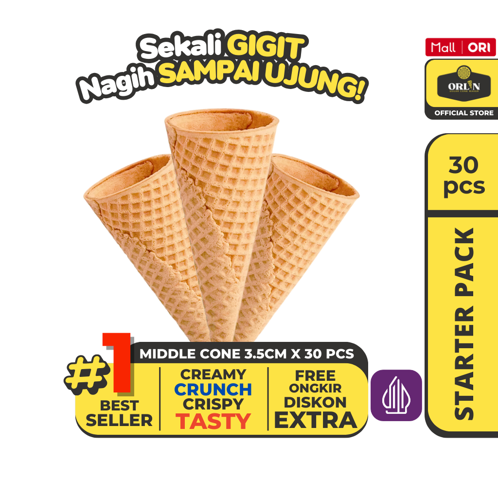 

ORLIN Starter Pack Middle Waffle Cone Ice Cream 3,5cmx10cm isi 30pcs Sekali Gigit,Nagih Sampai Ujung