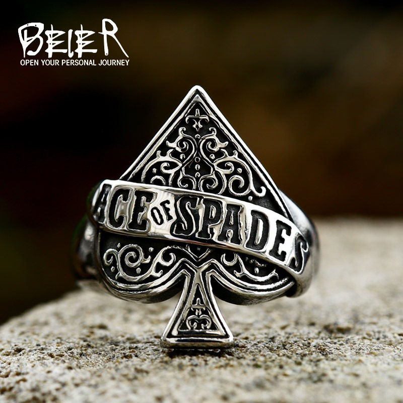 Cincin As Sekop / Ace Spades Beier Stainless Premium - Spades Symbol Card Simple Ring Silver Black R