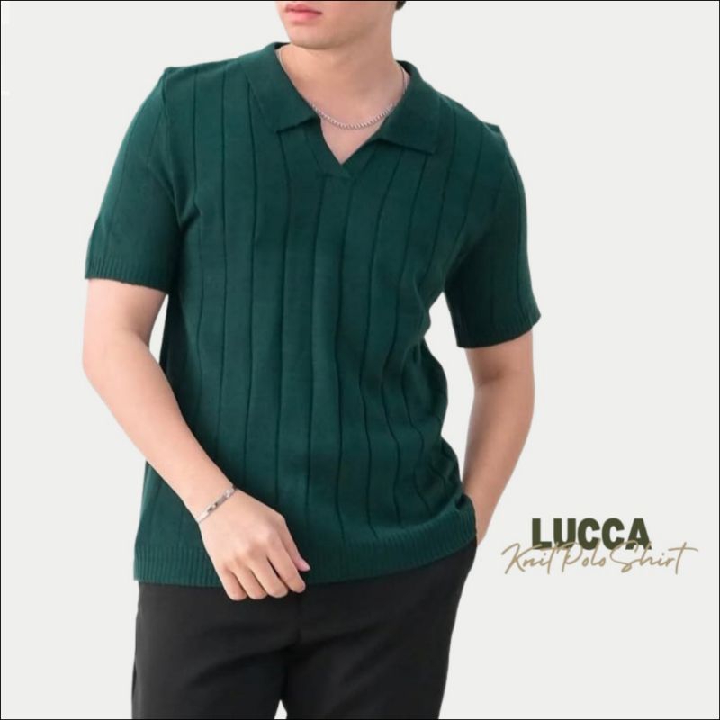 UNEXPECT - Polo Shirt Knit Green LUCCA  V-Neck | Kaos Polo Pria Tanpa Kancing Hijau Slim Fit Origina