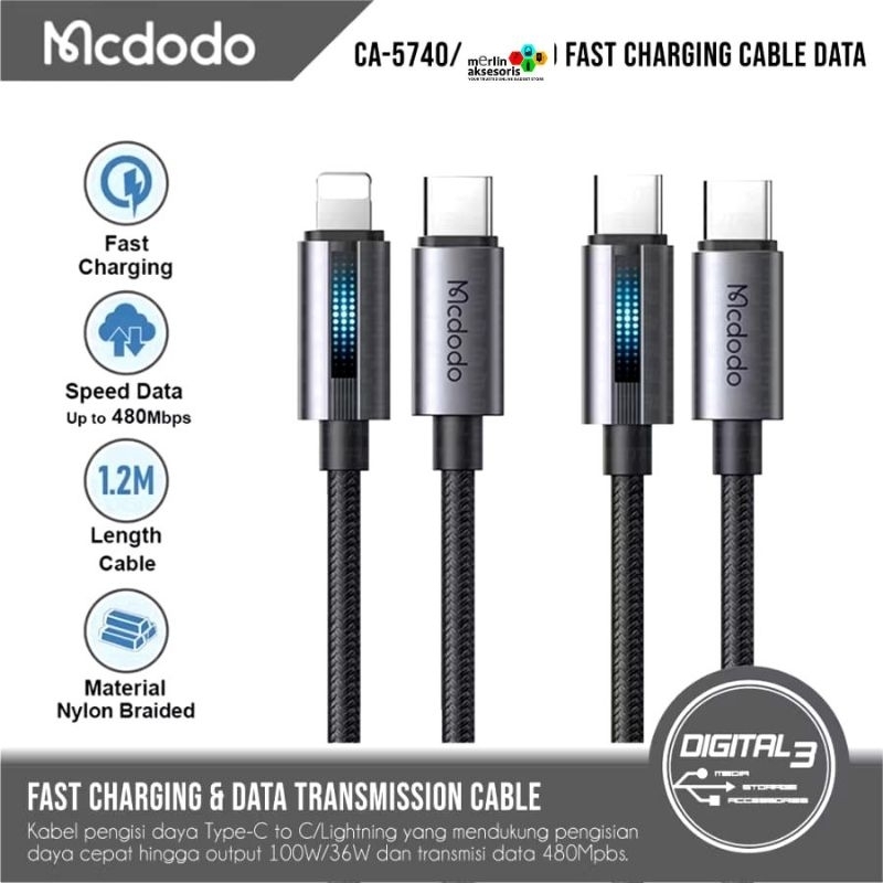 Mcdodo (CA-5740)Kabel LIGHT C to C 100W 1.2m black & C to (CA-2850) / C to iPhone(CA-2851)