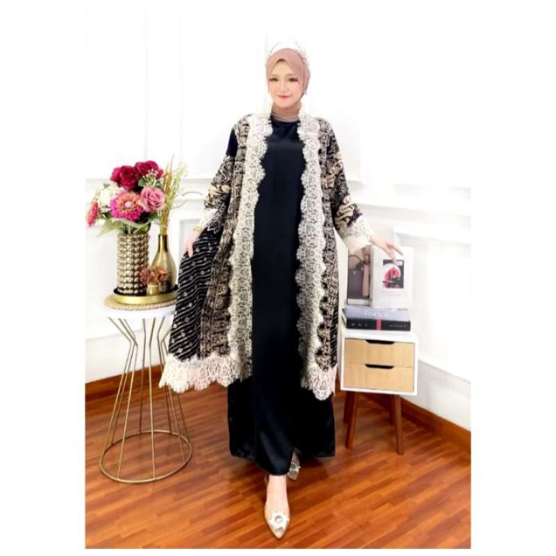 Dress Gamis Outer Cardigan renda batik cap hitam