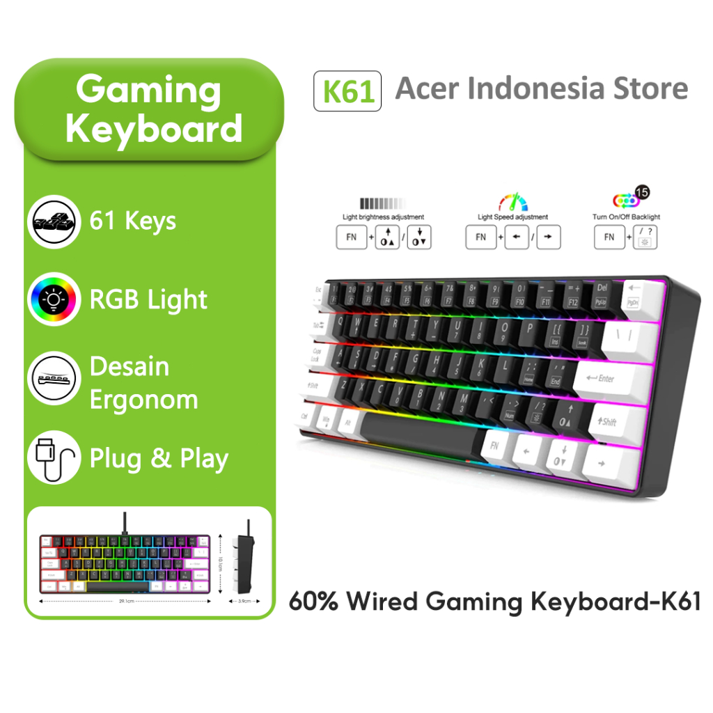 K61 Gaming Keyboard USB Kable RGB, 61 Keys Mini Gaming Keyboard, Phantom RGB Ergonomic for Gaming