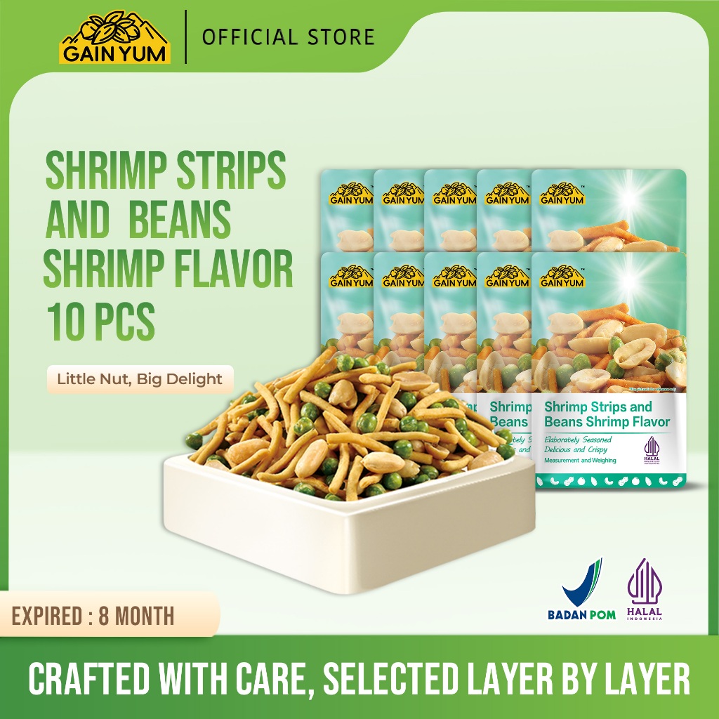 

GainYum - 10 Pcs Kacang Gain Yum Varian Rasa Shrimp Strips and Beans Shrimp SMALL PACK