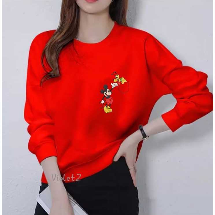 Kaos Atasan Wanita Dewasa Lengan Panjang Motif Kantong Mickey Mouse Kaos Long Sleeve Crewneck Wanita