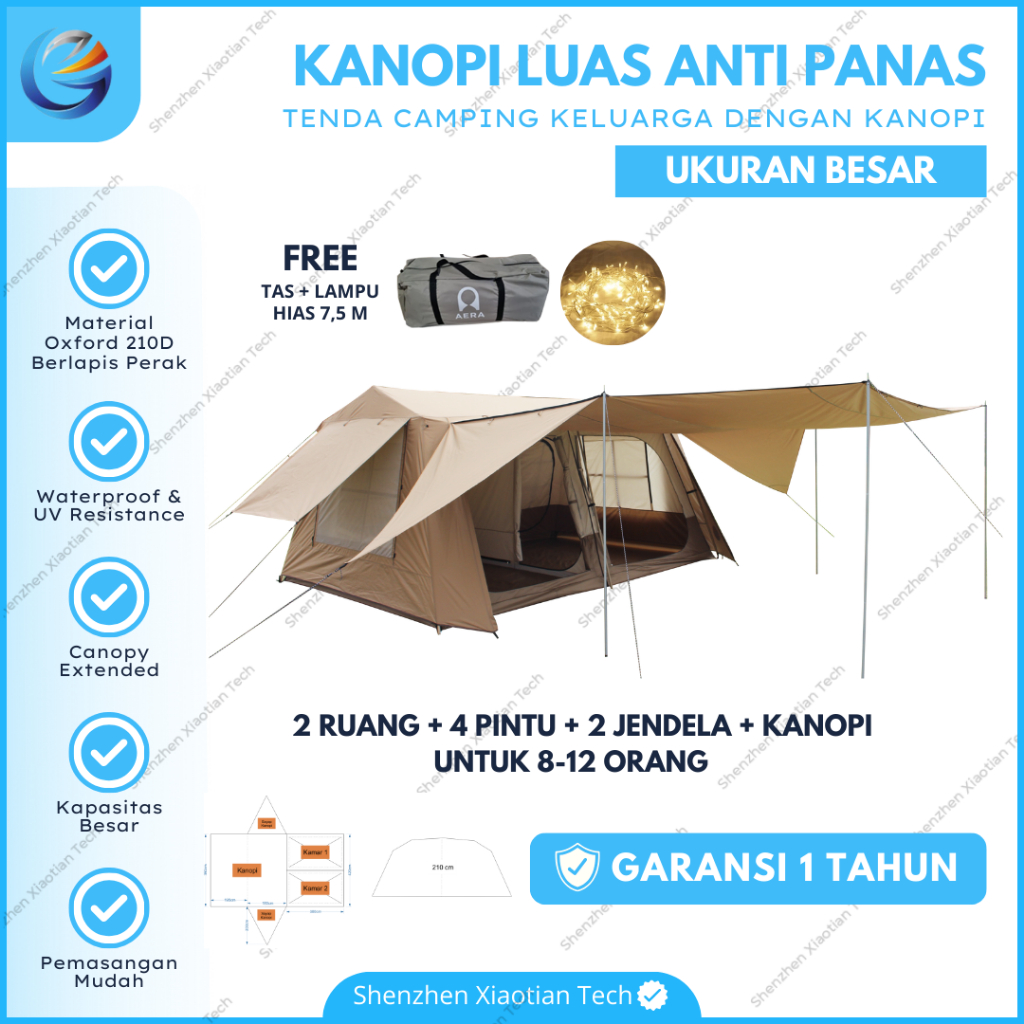 Tenda Camping Keluarga Kanopi 2 Ruang 8-12 Orang | Tenda Camping Besar | Tenda Camping Double Layer 