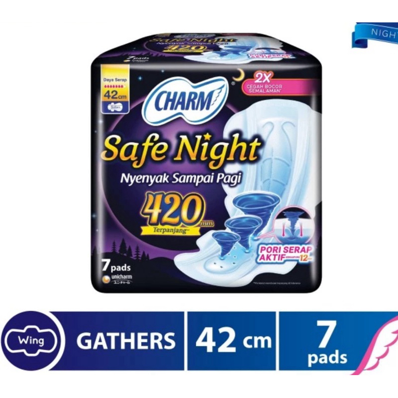 Charm pembalut safe night 42cm gathers 7pads