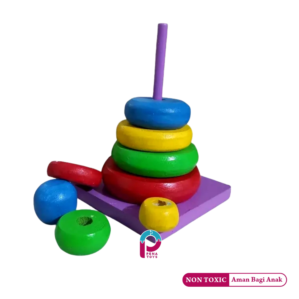 Menara Ring Donat Susun Kayu Mainan Balok Kayu Bayi