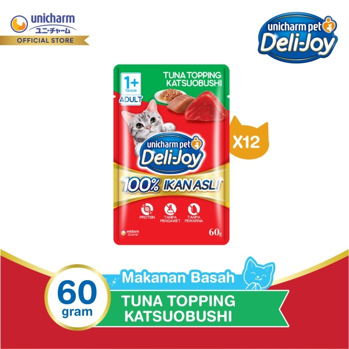 Deli-Joy Makanan Kucing Basah Pouch Adult Tuna Topping Katsuobushi 60g - 12 Packs