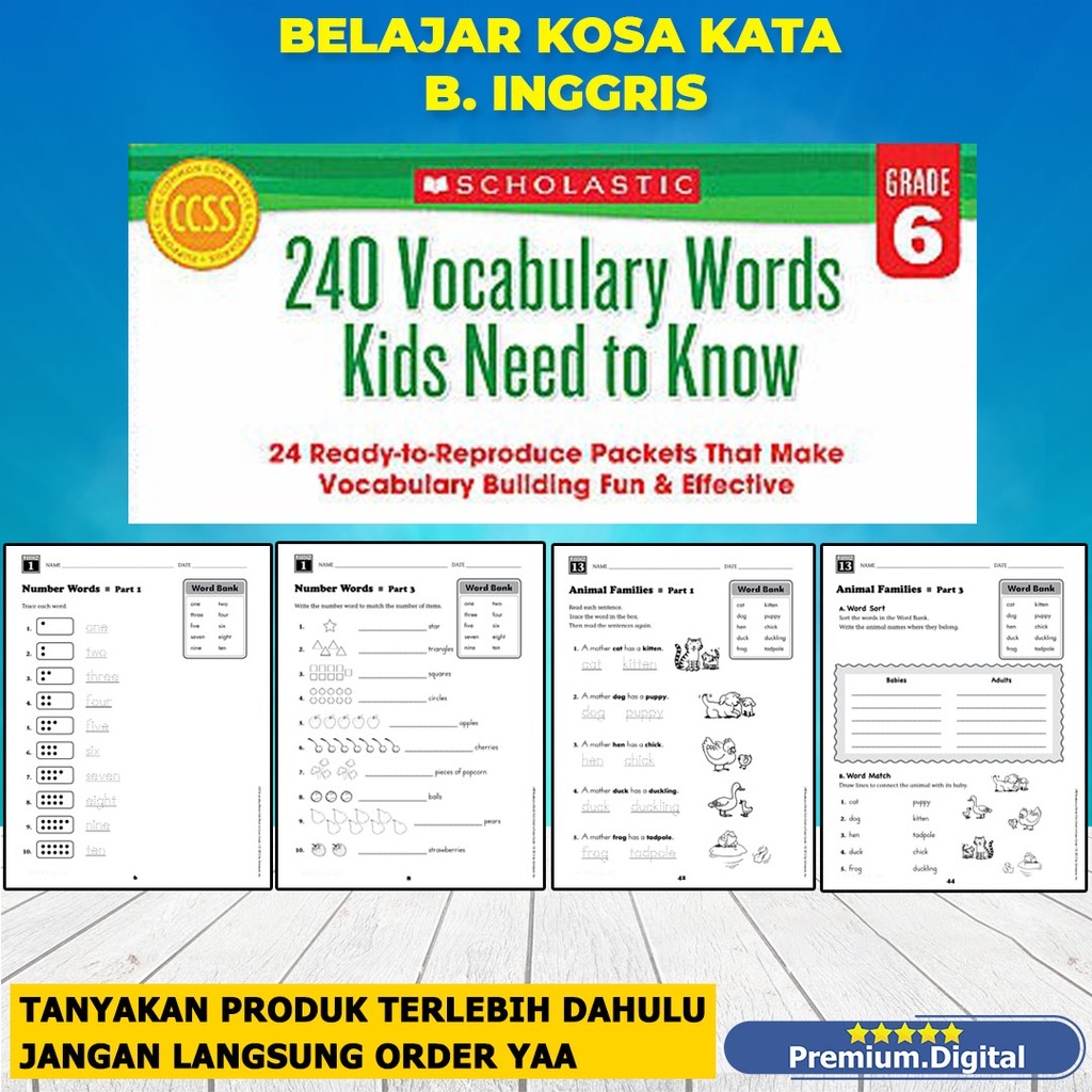 Worksheet Belajar kosa kata bahasa inggris / Belajar bahasa Inggris anak TK SD / Scholastic 240 Voca