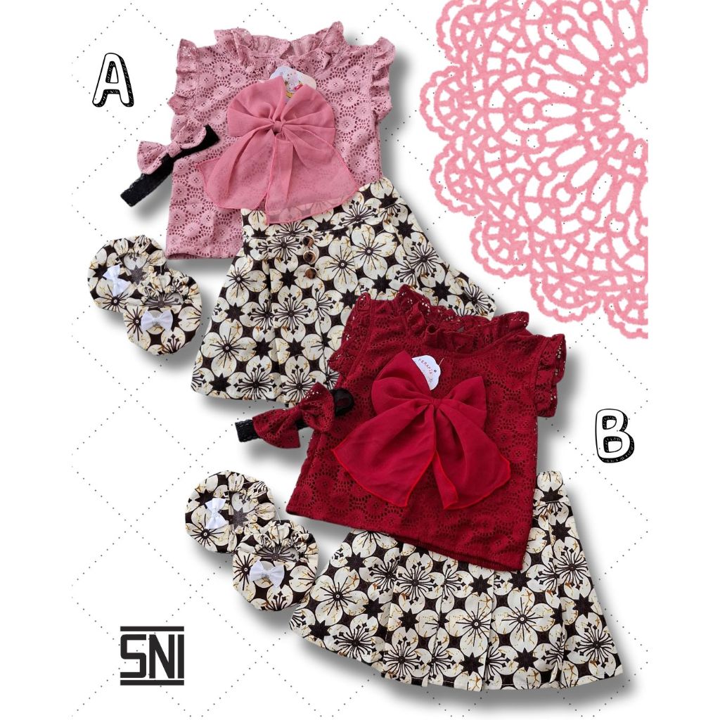 Setelan Baju Bayi Perempuan 3-12 Bulan Bahan Brokat Cantik + Rok Katun Batik + Bandana & Selop