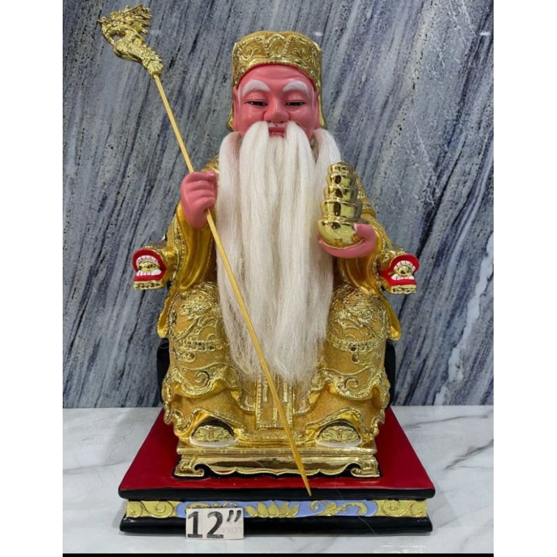 patung dewa bumi / hok tek / tua pe kong - tongkat - emas - kayu - 12inch