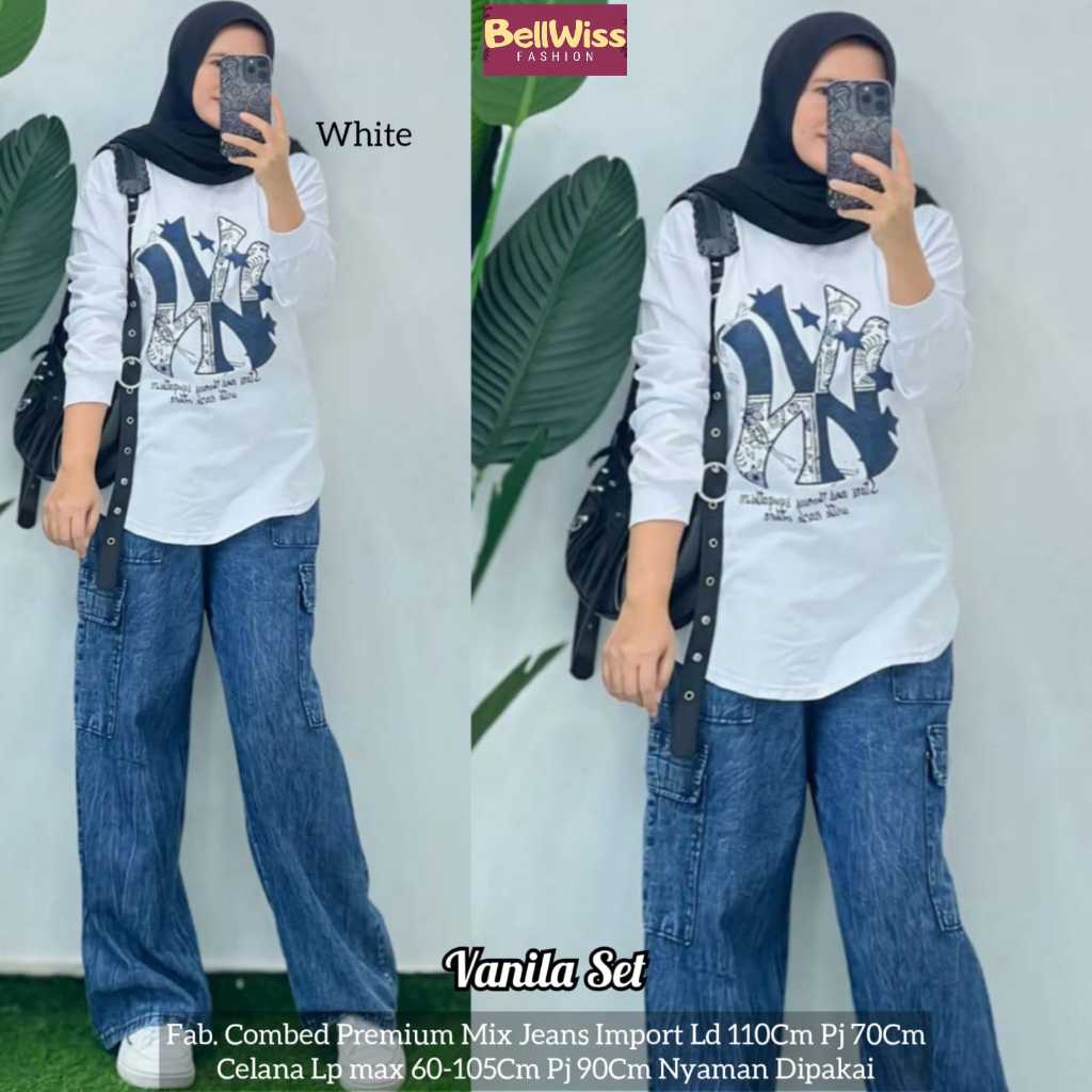 VANILA SET CELANA JEANS KAOS COMBED PREMIUM LD 110 ONESET TERBARU KASUAL SIMPLE