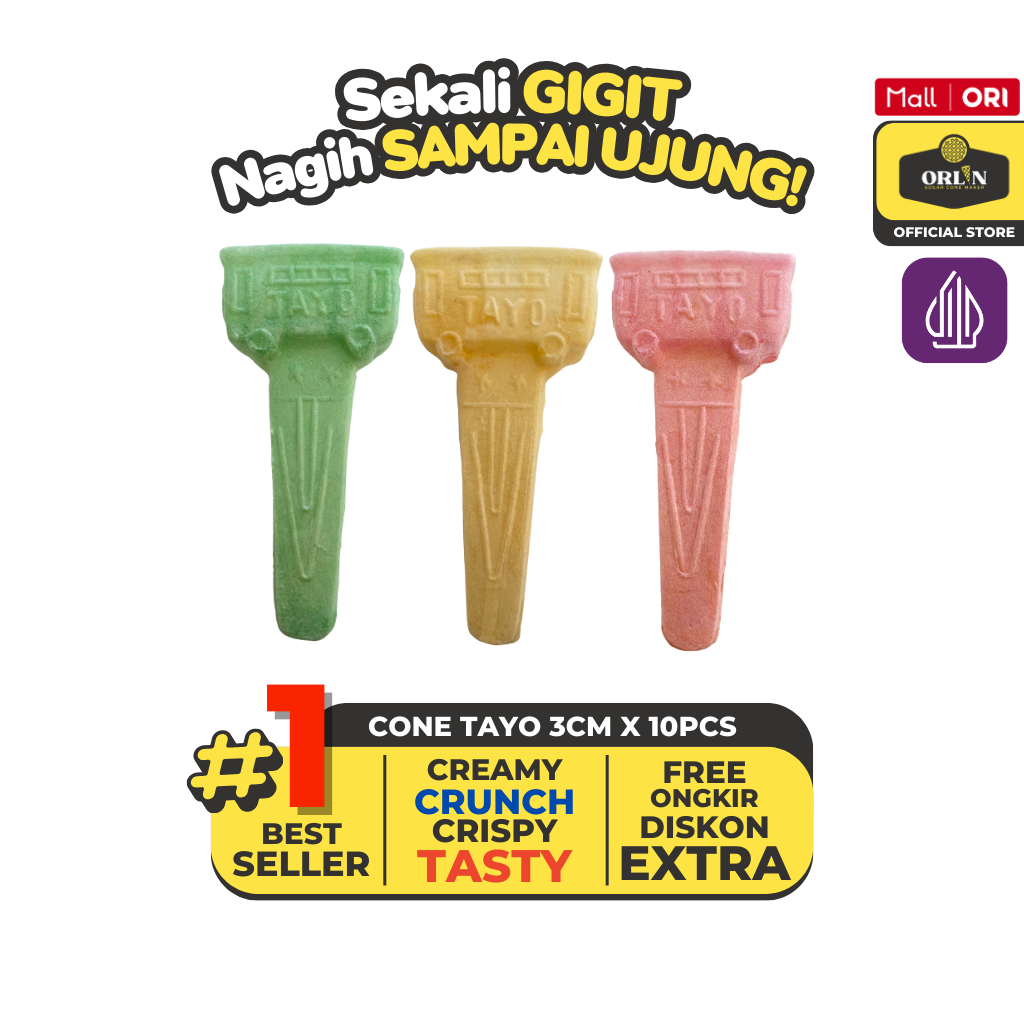 

ORLIN Tayo Cone Karakter Tawar 5,5cm x 3cm x 11cm Isi 10 Pcs Sekali Gigit, Nagih Sampai Ujung