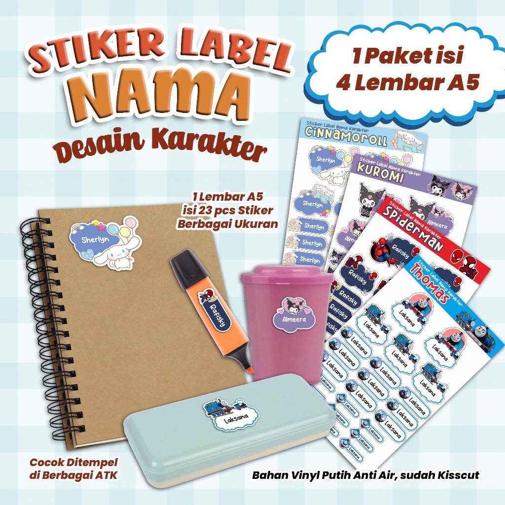 

Stiker Label Custom Nama -Stiker Nama Desain Karakter - Stiker Label 1 Paket isi 4 Lembar - kode stiker STNM