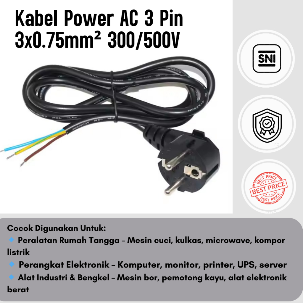 SOBEN Kabel Power AC 3 Pin / Kabel Colokan Listrik Ujung Terbuka / Kabel Power Grounded 3x0,75 mm - 