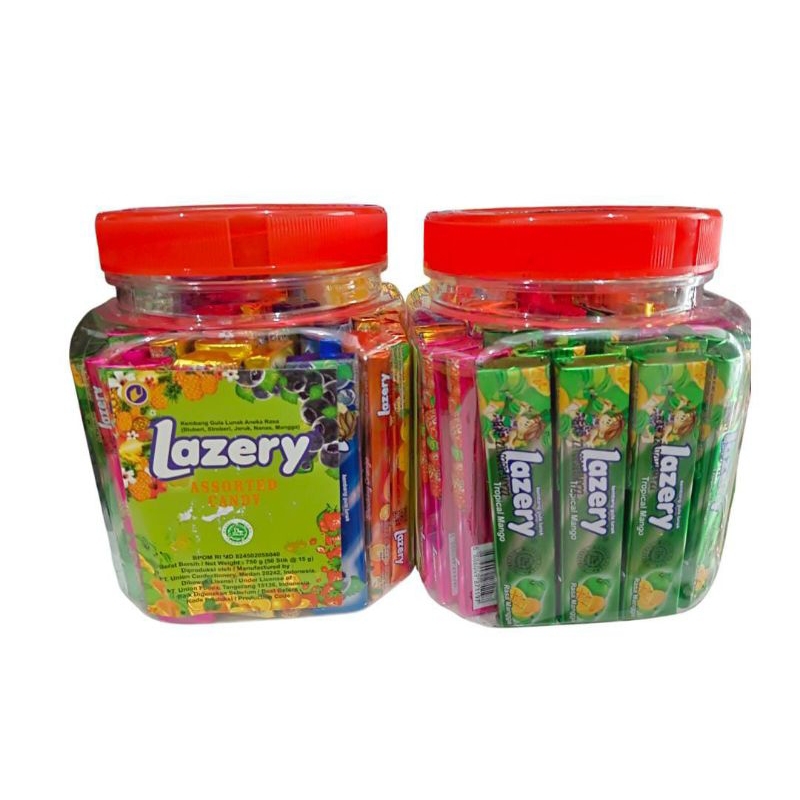 

Lazery assorted candy kembang gula lunak 750gr 50 stik kemasan toples