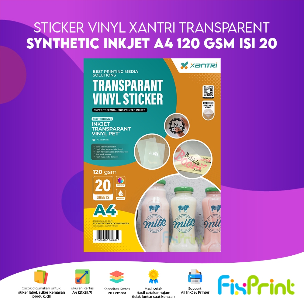 

FixPrint Sticker Vinyl Xantri Synthetic Glossy / Matte / Transparent Transparan InkJet White A4 120gsm 170gsm sintetis Isi 10 / 20 Lembar