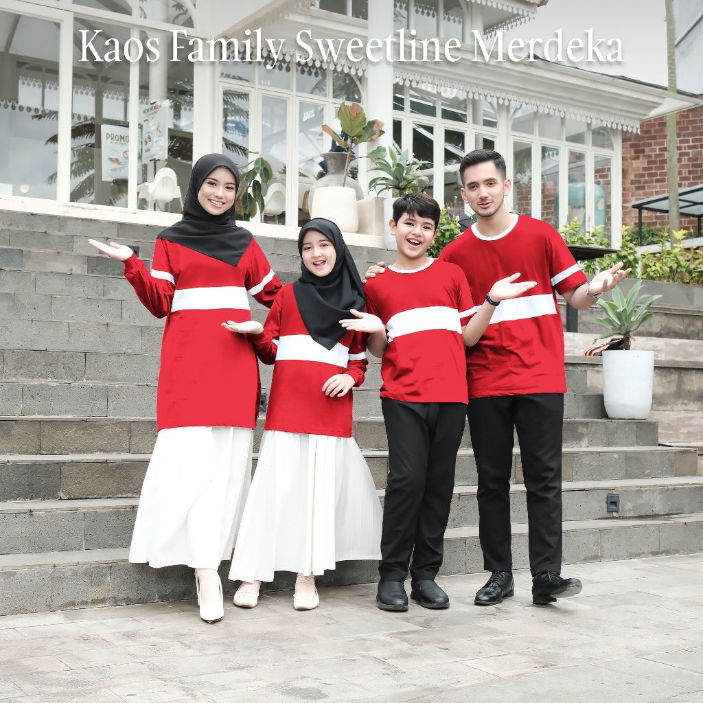 IkidsYou Kaos Couple Keluarga Sweetline Merdeka Lengan Pendek Lengan Panjang-Merah Putih