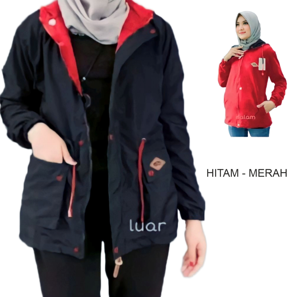 Jaket Parka Wanita Uniqlo Korean style Jumbo Waterproof Muslimah Bolak Balik Warna Hitam Merah