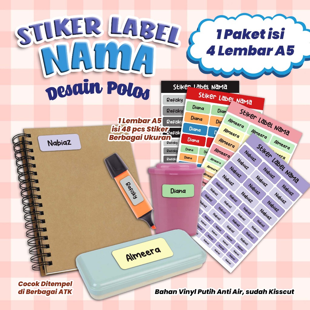 

Stiker Label Custom Nama -Stiker Nama Desain Polos Berbagai Warna - Stiker Label 1 Paket isi 4 Lembar - kode stiker STPL
