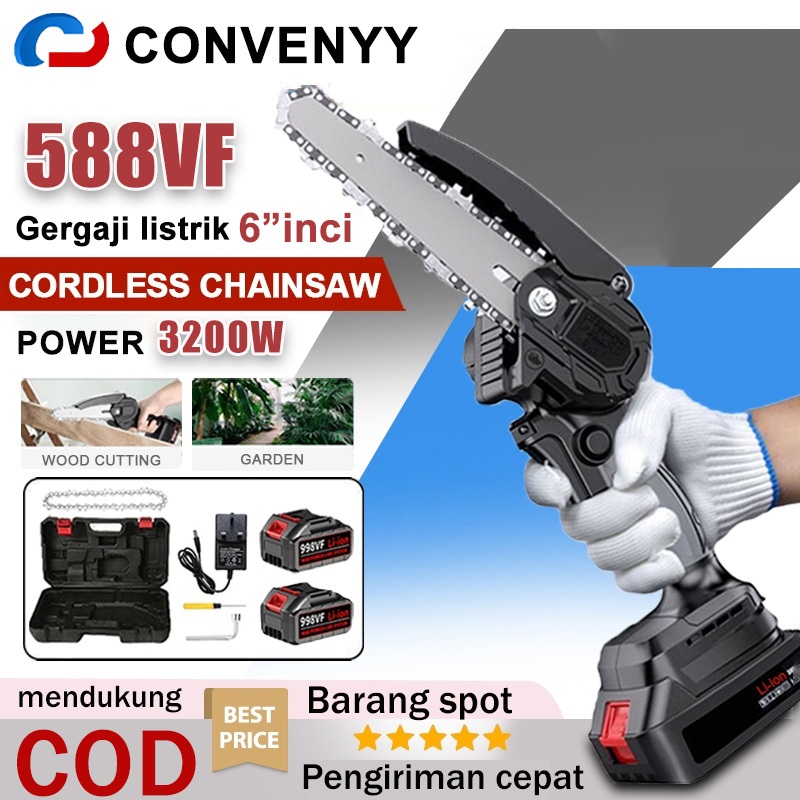 CONVENYY Gergaji Rantai 6 Inci Tanpa Kabel 588VF Gergaji Rantai Mini Elektrik Pemotong Kayu Portabel