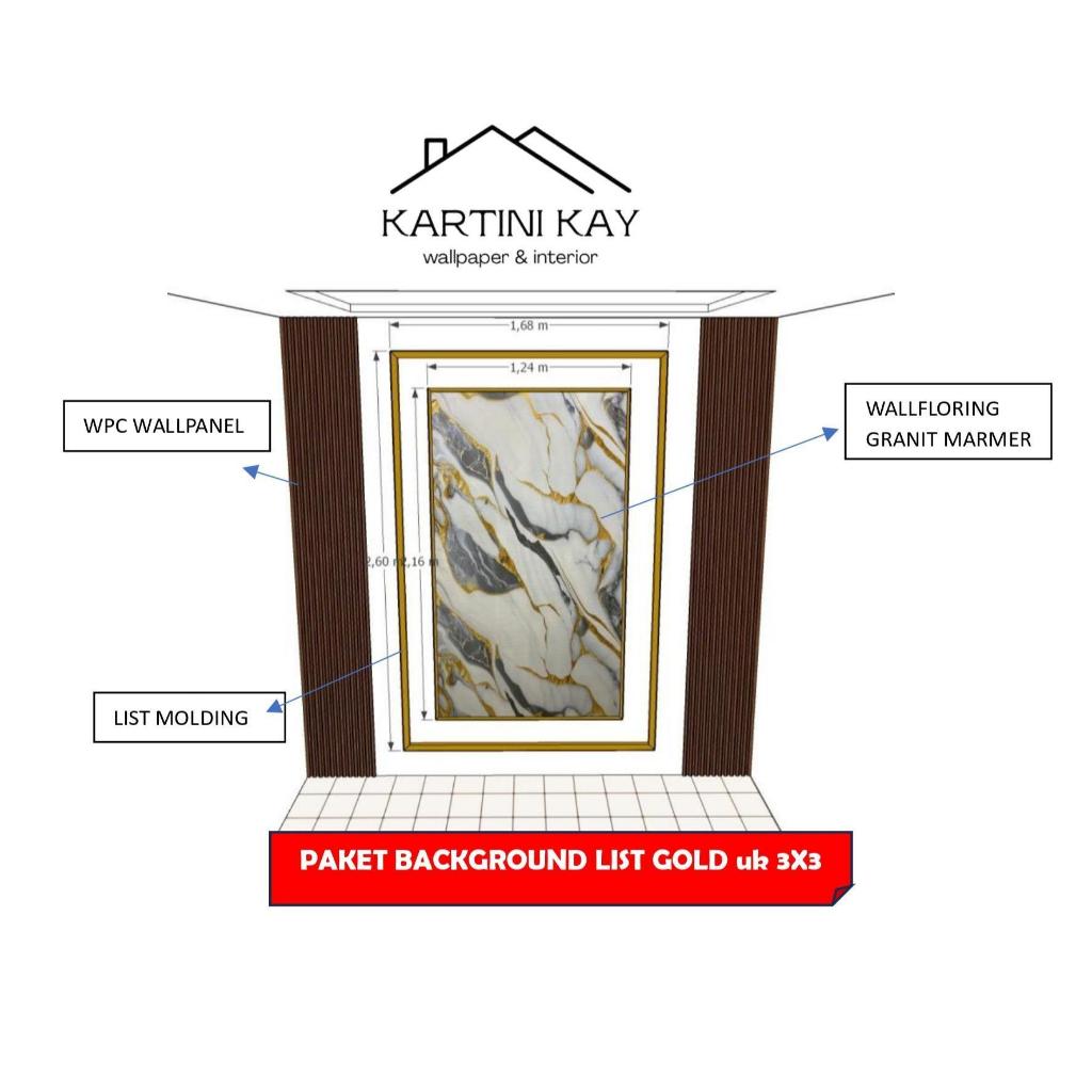 Paket Background Molding Lis Gold/Putih + Wpc + Wallpaper Granit Kamar