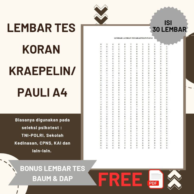 

LEMBAR TES KORAN A4 ISI 30 LEMBAR TES KRAEPELIN TES PAULI PSIKOTES BONUS LEMBAR TES BAUM & DAP
