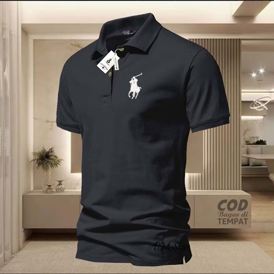 Baju Kaos Polo Shirt Pria Kaos Kerah Pria Lengan Pendek Text Putih Polos Premium Impord Branded