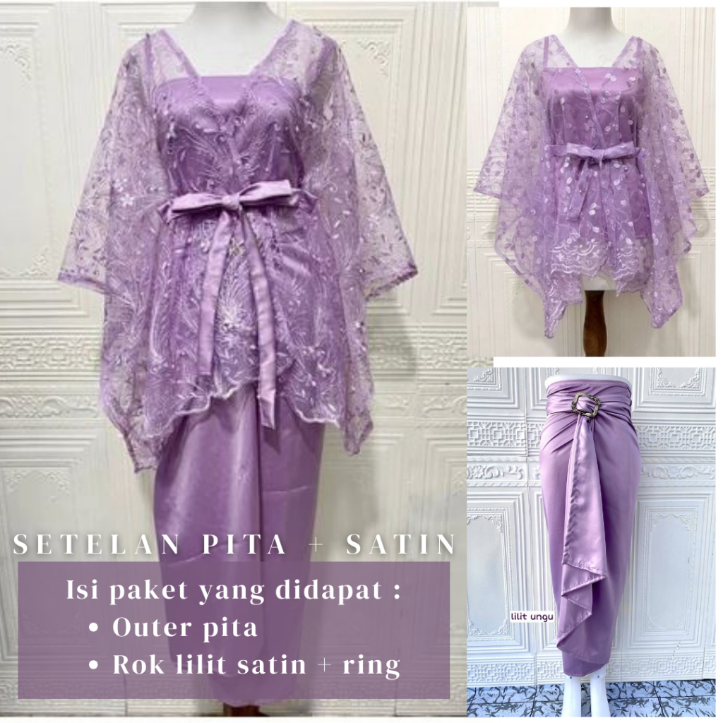 SET KEBAYA OUTER TILLE TALI MEWAH PREMIUM satu set kebaya outer pita cantik + manset + rok plisket b