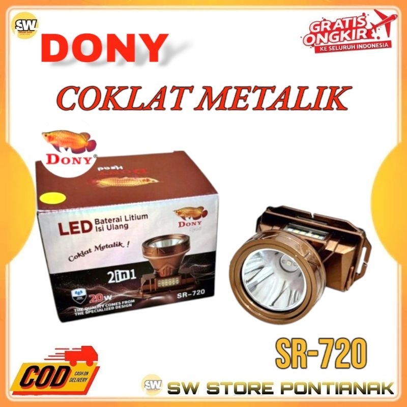 DONY SENTER KEPALA DONY LED SR 720  COKLAT METALIK 20 WATT / HEADLAMP RECHARGEABLE DONY LED SR-720 C