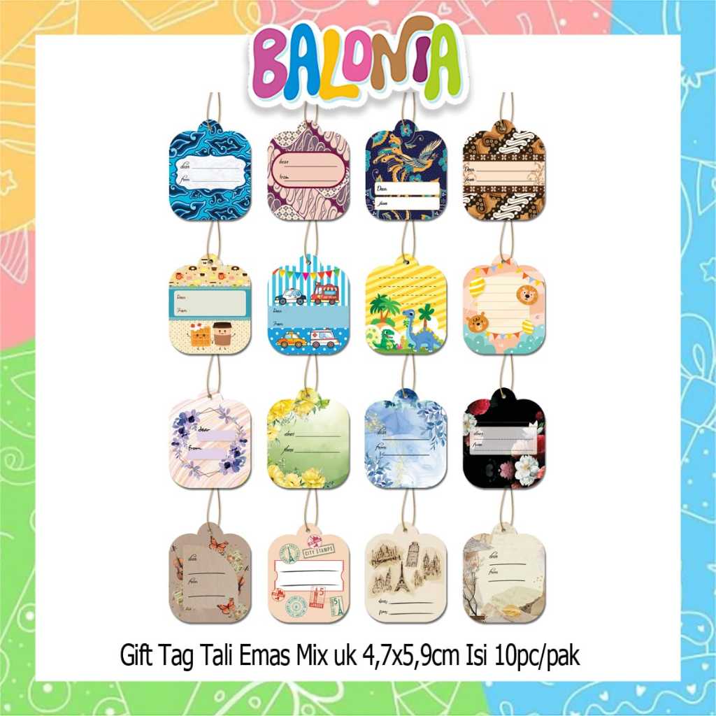 

(1Pak Isi 10Pcs) Gift tag Karakter + Tali Emas, gift tag kids, hang tag, gift label hampers