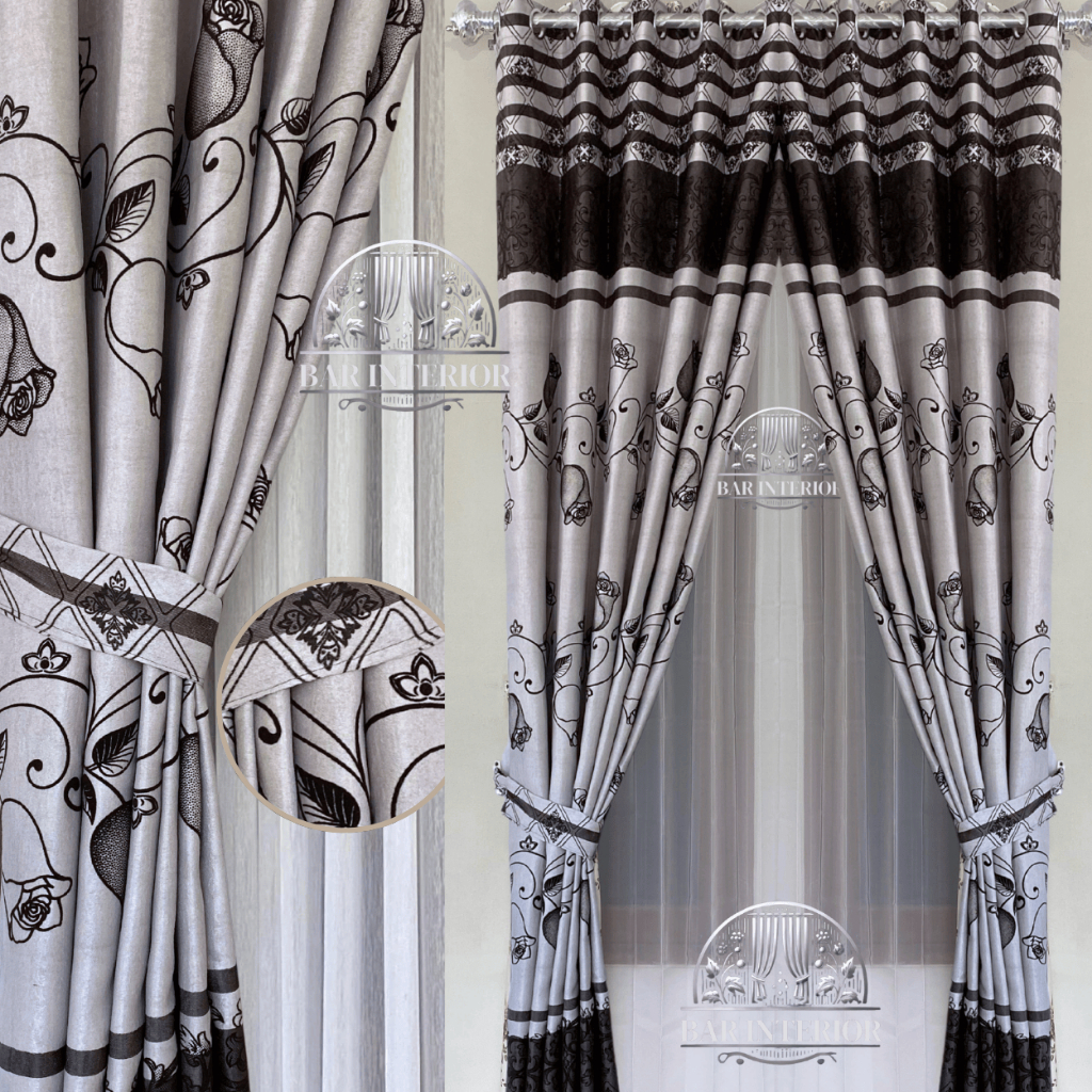 Gorden jendela panjang motif bunga bunga  hitam putih minimalist