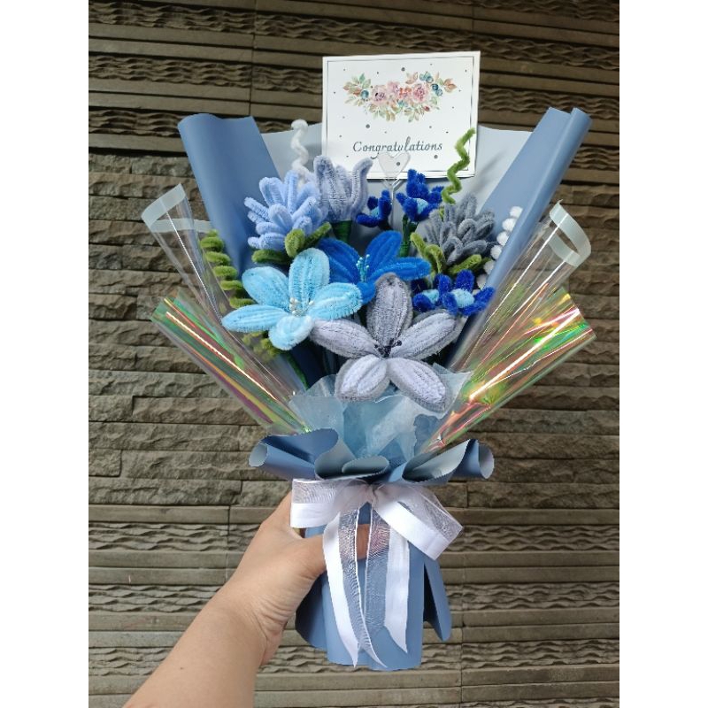 Cornflower Pipe Clener Flower Bouqet / Bucket Bunga Kawat Bulu / Buket Bunga Kawat Bulu / Boquet Ula