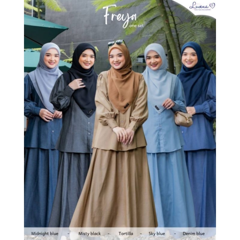 Freya One Set by Luvena One Set Blouse Rok Panjang Soft Denim Cotton Polos