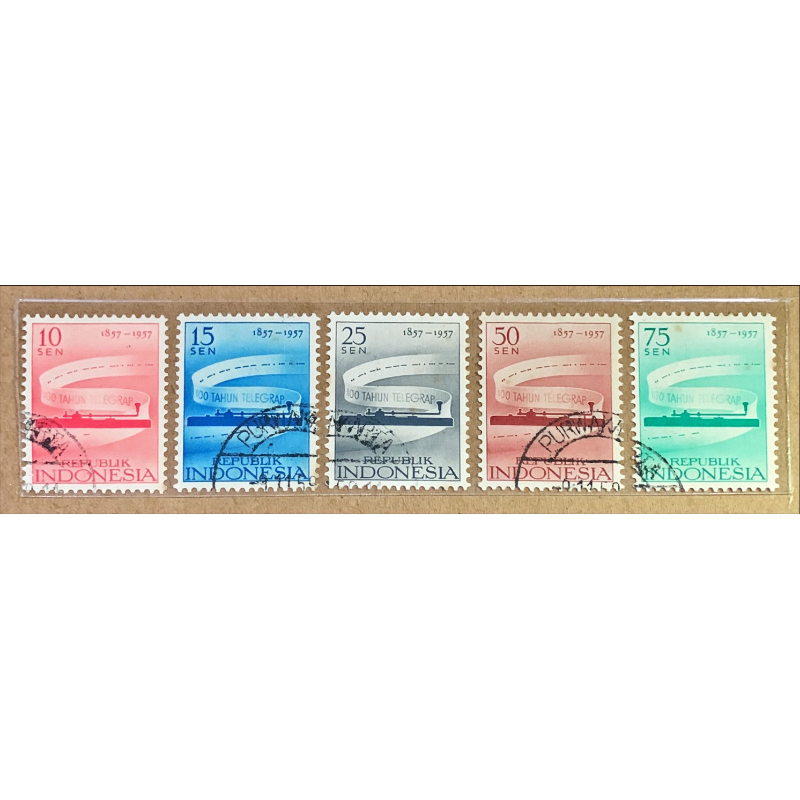 

(BA) PRANGKO INDONESIA 1957 100 TAHUN TELEGRAM 5V COMPLIT SET USED .