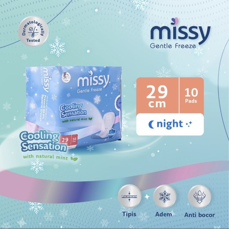 Pembalut MISSY GENTLE FREEZE NIGHT / Pembalut HERBAL Kesehatan Wanita Bersalin / Wings 290mm 10 pads