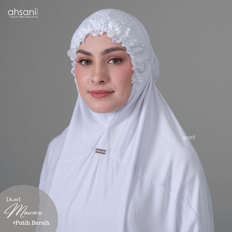 Mukena terusan ahsani A.20 mawar bahan kain rayon twill premium warna broken white dan putih bersih 