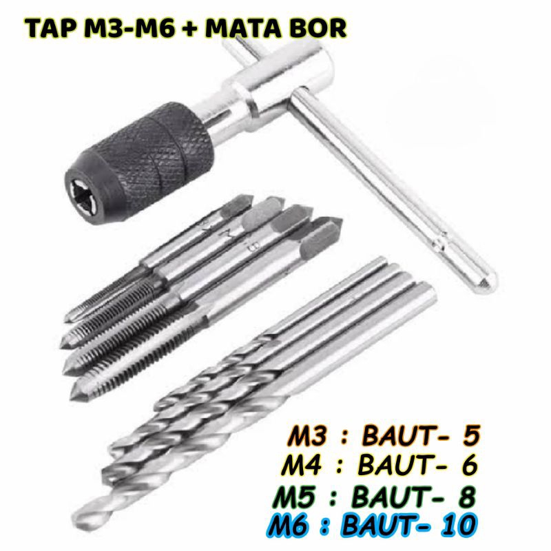 Hand Tap 6 | 9 pcs + Mata Bor | Refill Tap 7 pcs | Handle M3 - M12