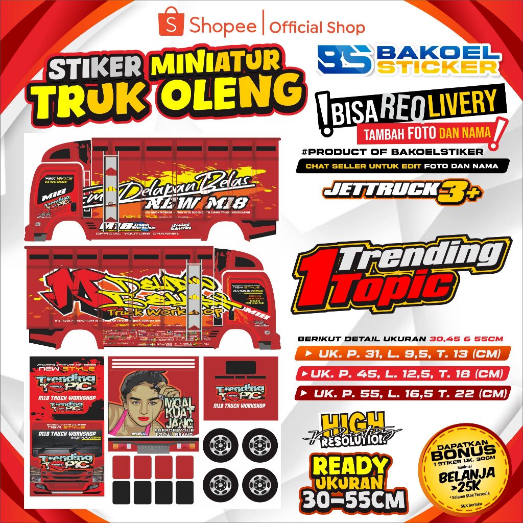 STIKER MINIATUR TRUK OLENG TRENDING TOPIC 1 DAN 2 UK. 30-55CM