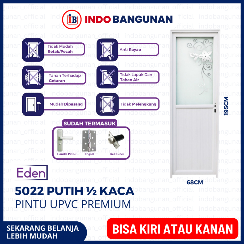 PINTU KAMAR MANDI WC 1/2 KACA ALUMUNIUM KUAT TAHAN CUACA 65X198 EDEN IRIS 5022 PUTIH