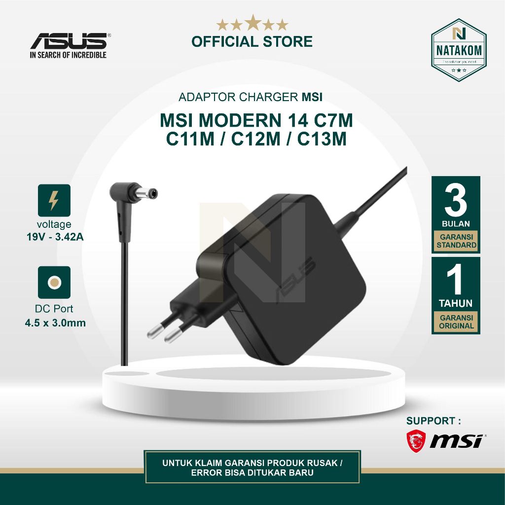 ADAPTOR CHARGER ASUS SUPPORT FOR MSI MODERN 14 C7M C11M C12M C13M 3.42A 65W