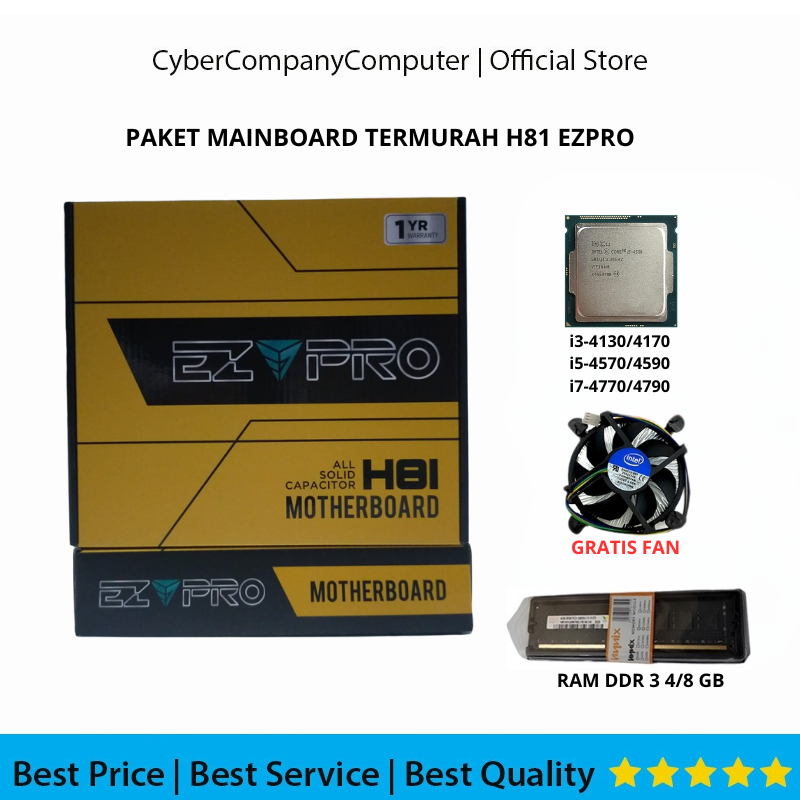 Paket Motherboard EZPRO H81 DDR3 Socket LGA 1150 Nvme/Sata M.2 Core i3-4170/ i5-4590/i7-4770 Suport 