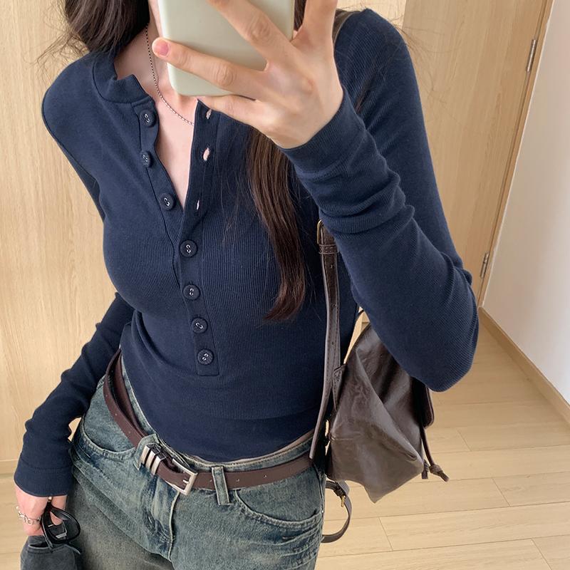 Kaos Lengan Panjang Kerah Henley Atasan Crop Slim Fit Biru Laut